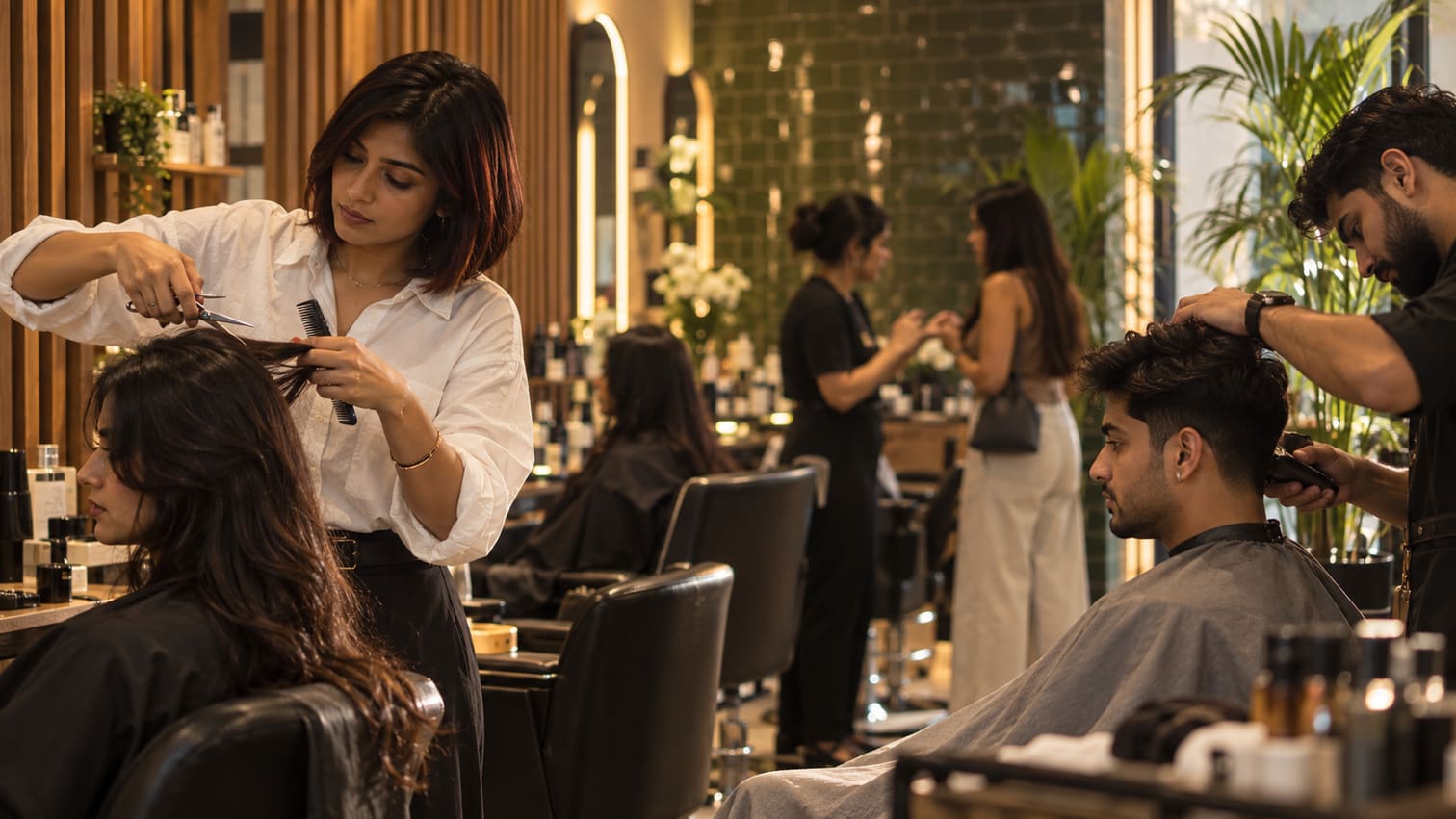 A stylist taking a booking at the counter